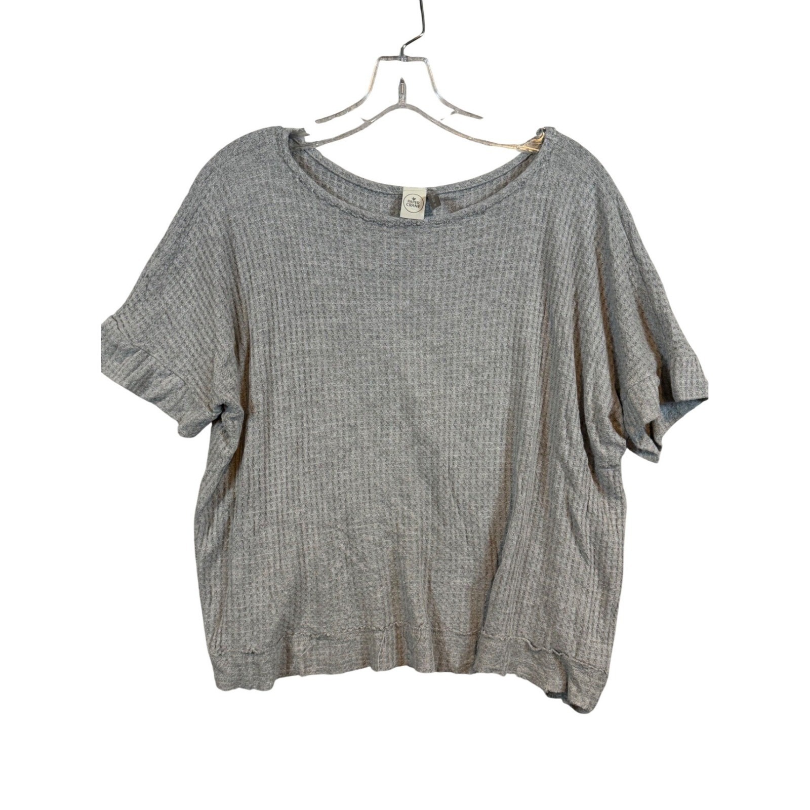Paper Crane Womens Grey Waffle Knit Tulip Back Top M Boho Soft Girl Raw Hem